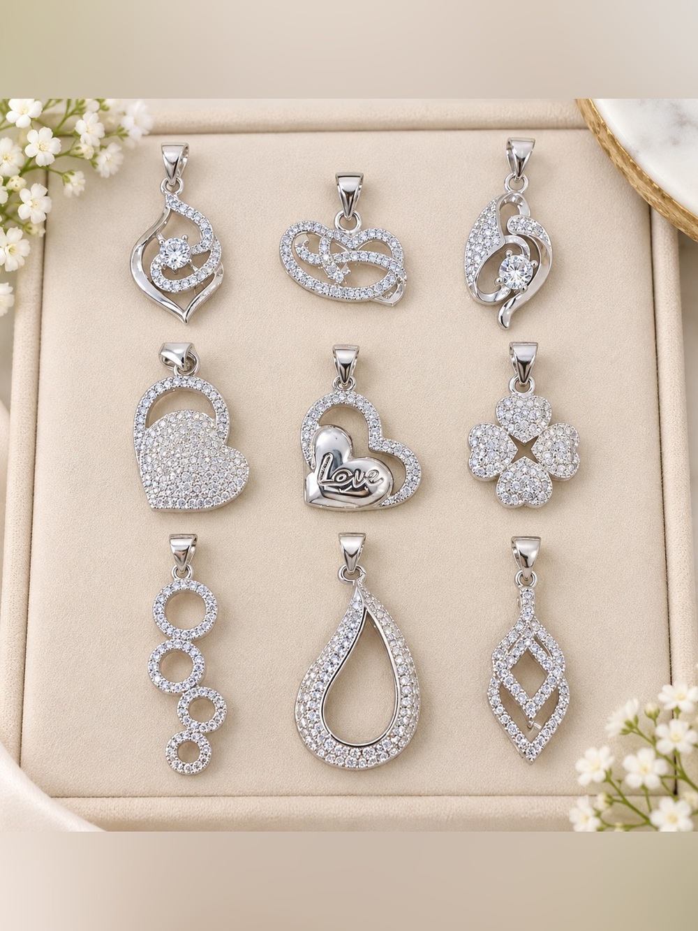 Set of 9 White Gold Filled Pavé Pendant Collection